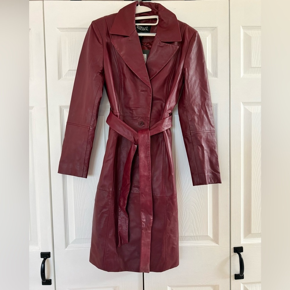 Badgley Mischka Tinsley Lamb Leather Trench Coat Bordeaux Oxblood NWT Size Small - Picture 7 of 11
